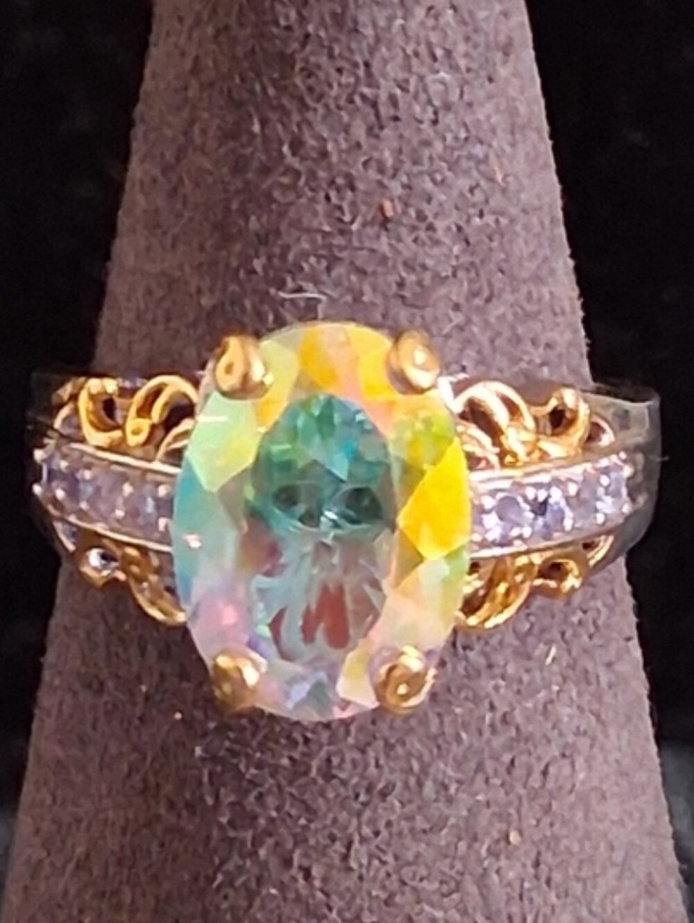 Vintage Style Mercury Mist Topaz Filigree Ring in Sterling Silver 18k Gold Sz 10